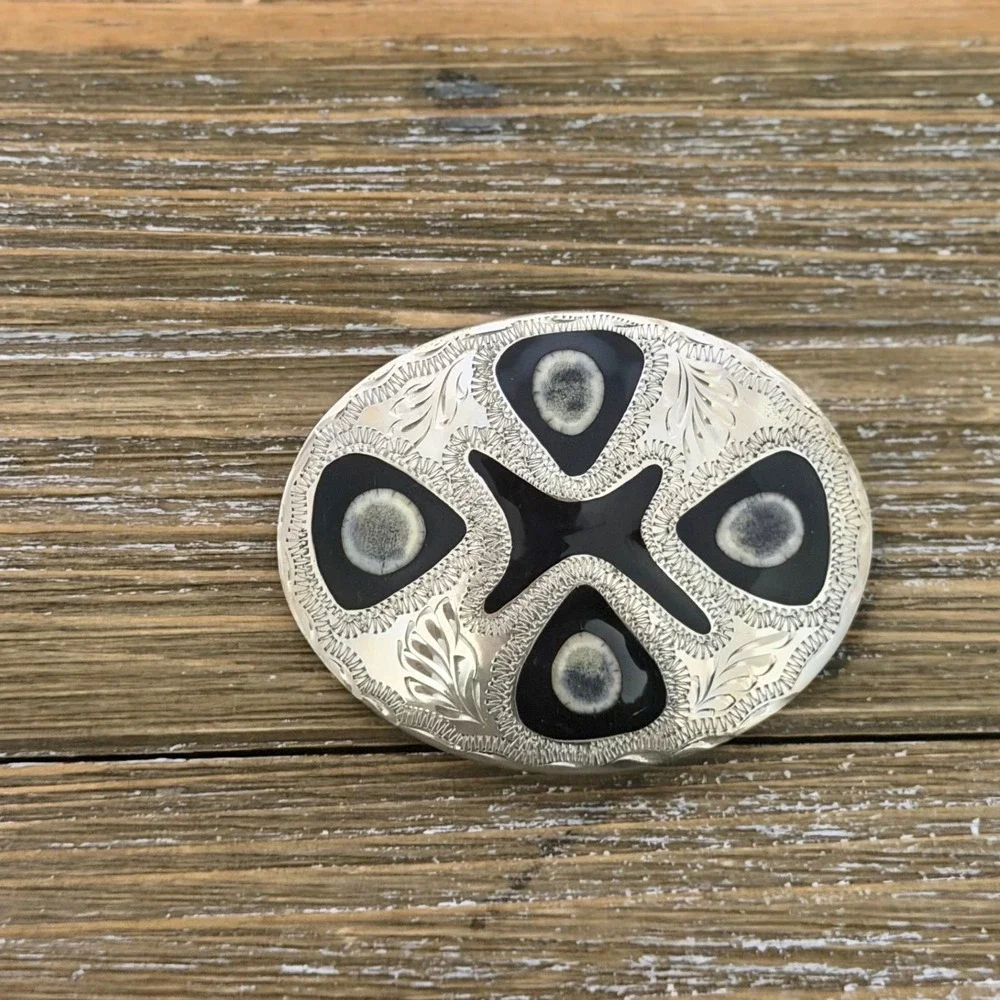 Vintage Western Belt Buckle Silver Tone Deer Antler Inlay Floral Engraved Oval